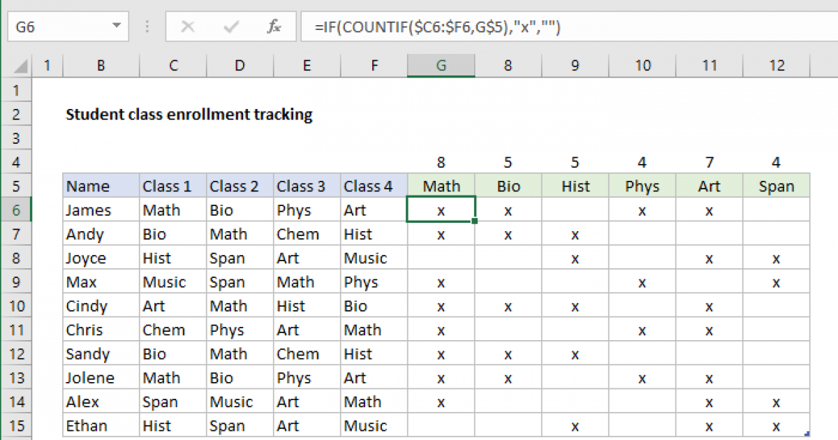 Student Class Enrollment With Table Excel Formula Exceljet